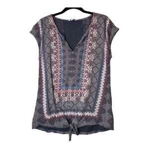 Lucky Brand Boho V-Neck Cap Sleeve Top Shirt Medium Tie